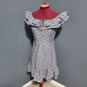 Chelsea & Violet Blue Chambray with White Embroidered Dress Ruffle Neck Size XS